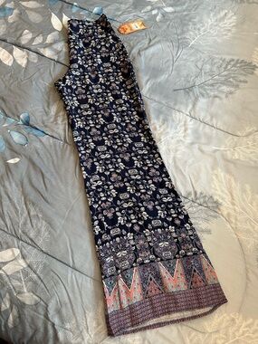 NWTS Mudd Navy Floral Wide Leg Pants w/Coral Border Sz M Boho